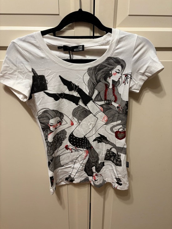 Moschino Tops - Moschino White Graphic Short Sleeve Tee with Red Accents